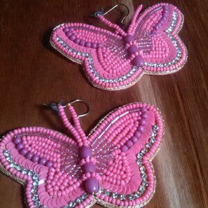 Handcrafted Fushsia Seed Beaded Butterfly Dangle Earrings